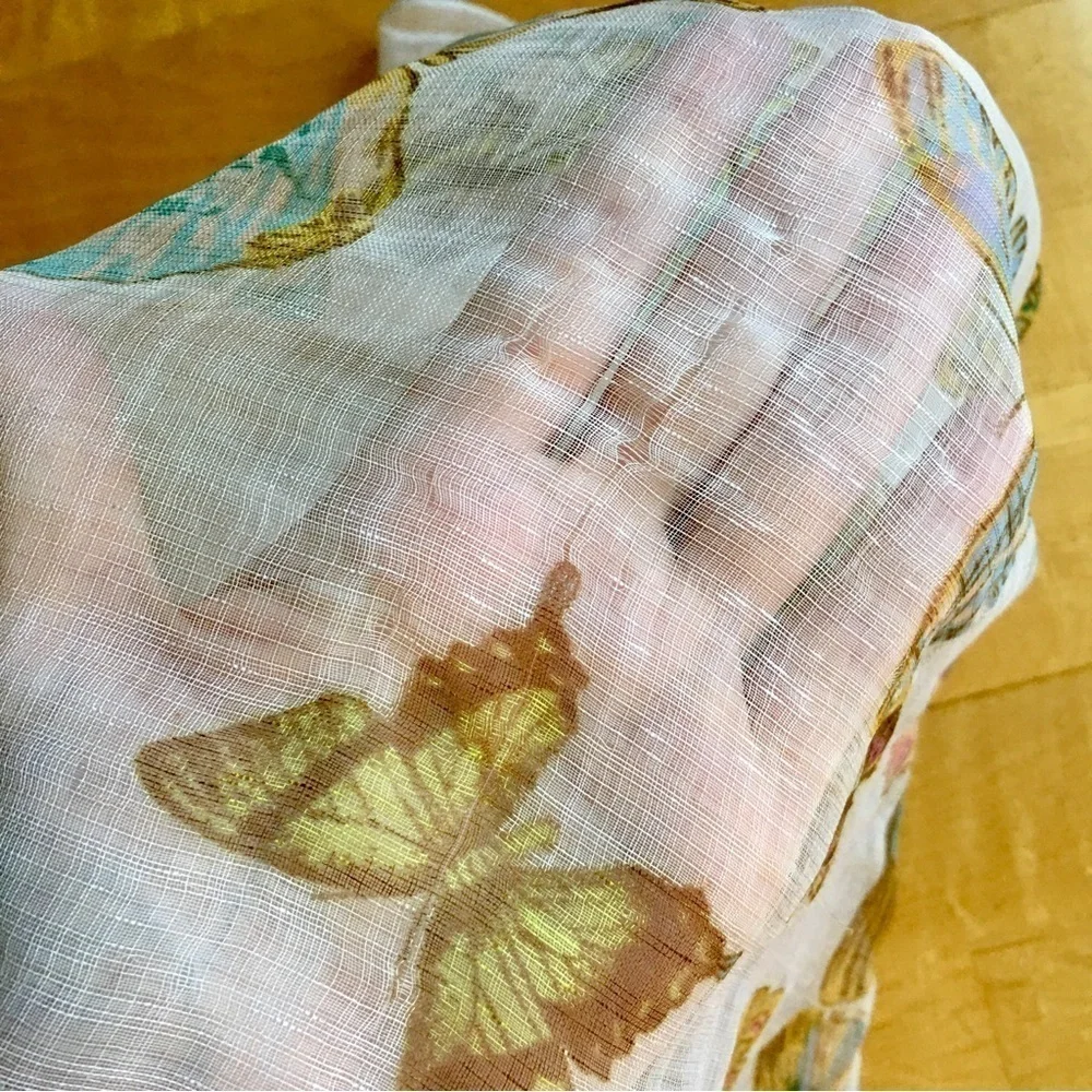 Butterfly Print Sheer, Lightweight Scarf, Ivory, Cream, Ecru, Colorful